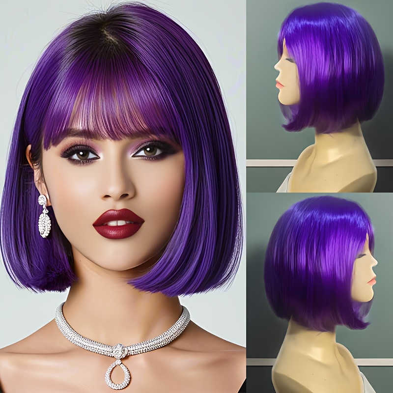 TEMU Peluca Bob Elegante con Flequillo Femenino - Fibra Sintética Resistente al , Peluca de Cosplay para Fiestas , Peluca de Halloween, para Estilo