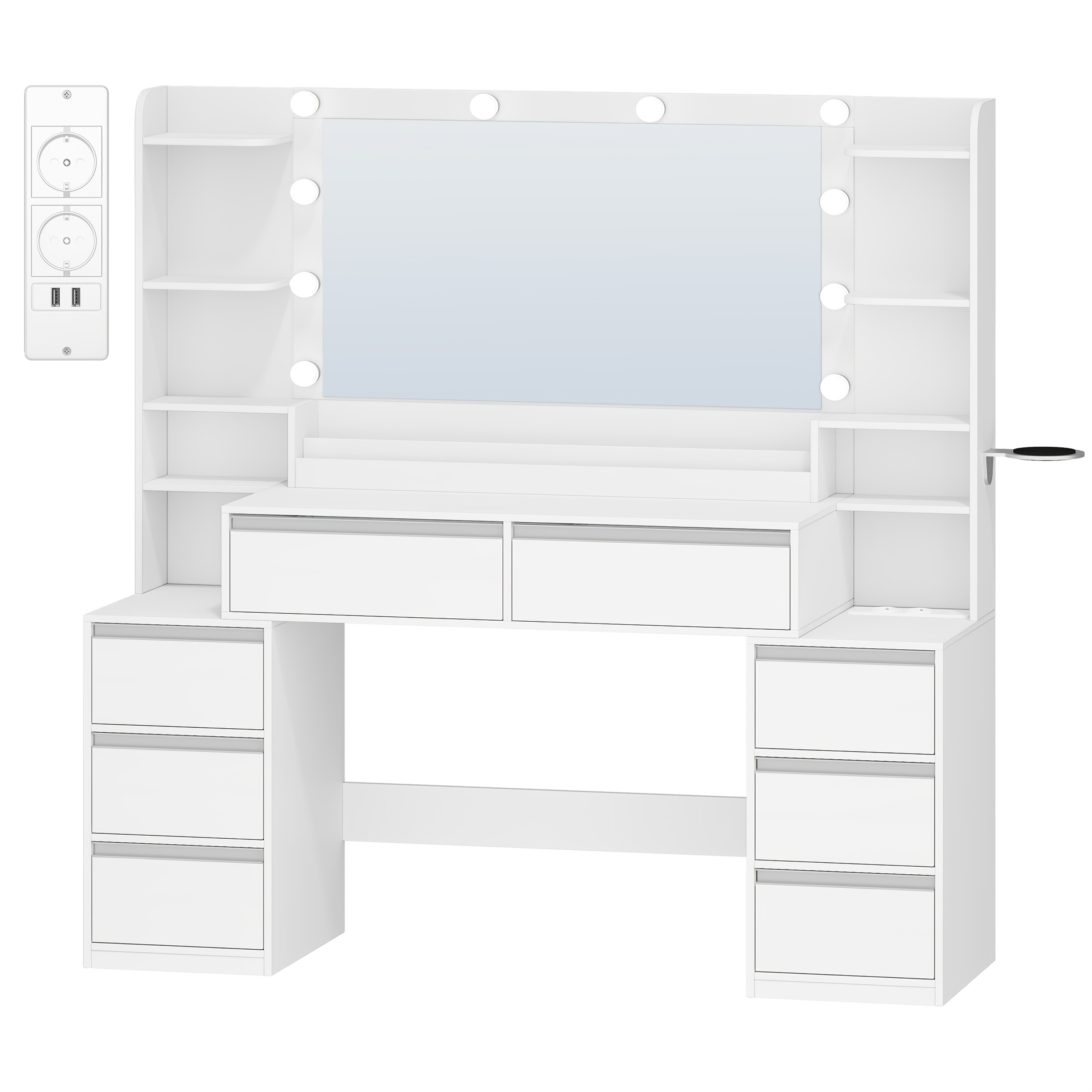 Image of Jewelry Storage Cabinet With Large Mirror, Jewelry Table And Hairdryer Holder, 8 Drawers, Open Compartments, 40 × 135 × 145.2 Cm, Modern White-silver Dressing Table