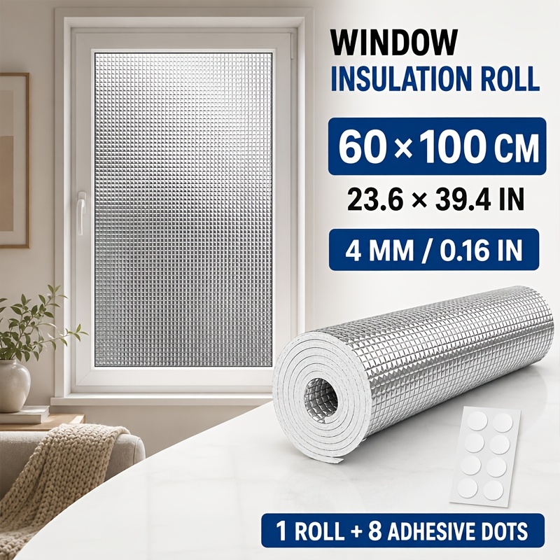 TEMU 60x100cm Double-sided Aluminum Foil Insulation, 4mm Thickened Window Insulation Film, Silvery Reflective Insulation Barrier, 1 Roll + 8 Fixing