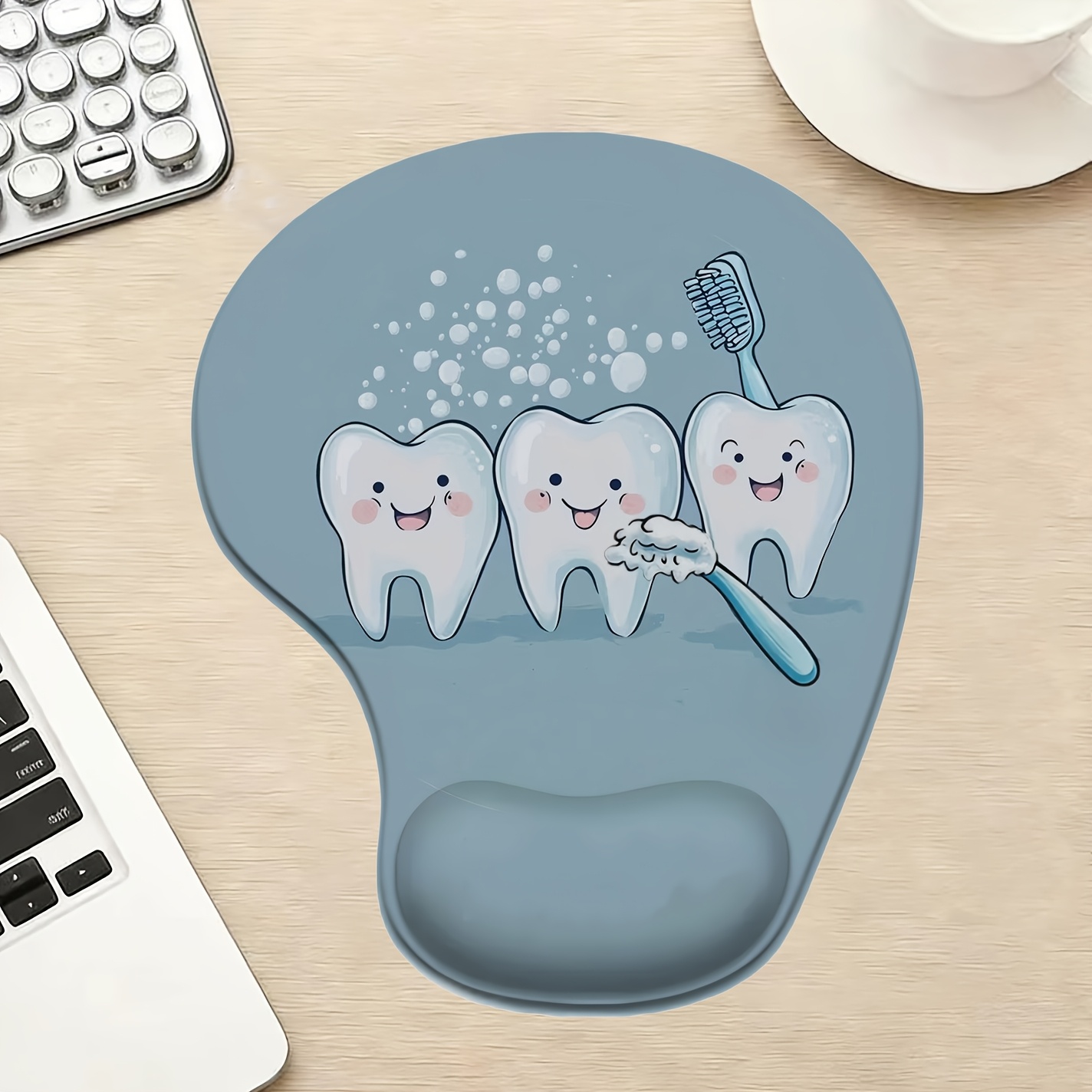 TEMU Light Blue Mouse Pads And Desk Mats; Ergonomic Silicone Mouse Pads With Wrist Support. Design: 3 Teeth And A Toothbrush. Perfect For Use , While