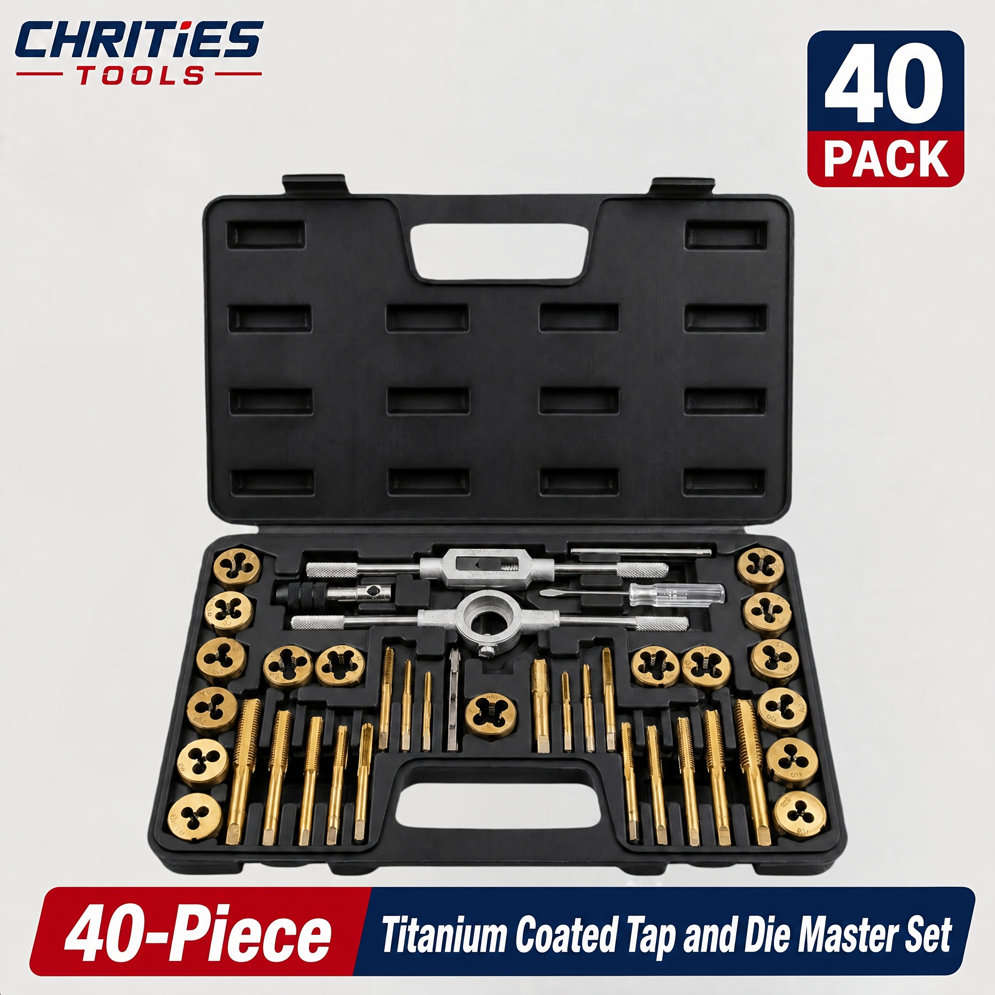 Chrities Tools 40pcs Metric Tap And Die Set, Coated, Hardness, More Durable Use, Metric And Standard Tap And Die Tool Sets For Internal And External Threads