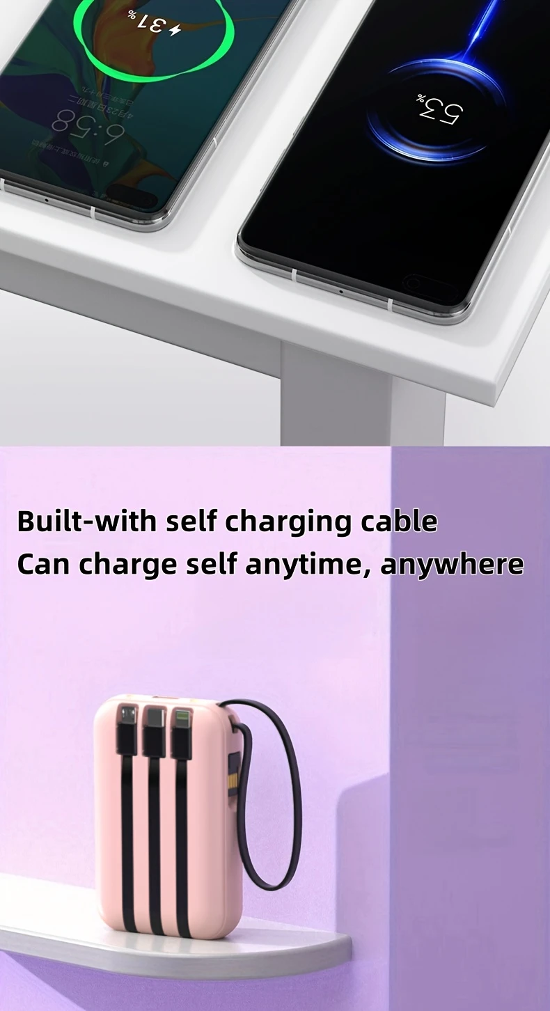 10000mah mini cute 5v2a fast charging multifunctional power bank large capacity rechargeable portable mobile phone charger built in led lights outdoor travel battery packs display micro type c input usb c output for iphone valentines day gift details 3