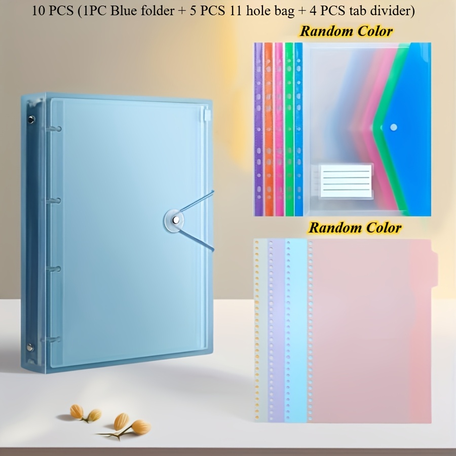TEMU Lot de 10 pièces : 1 chemise de classeur durable en PP coloré au format A4 + 5 pochettes à 11 trous de couleurs aléatoires + 4 séparateurs à