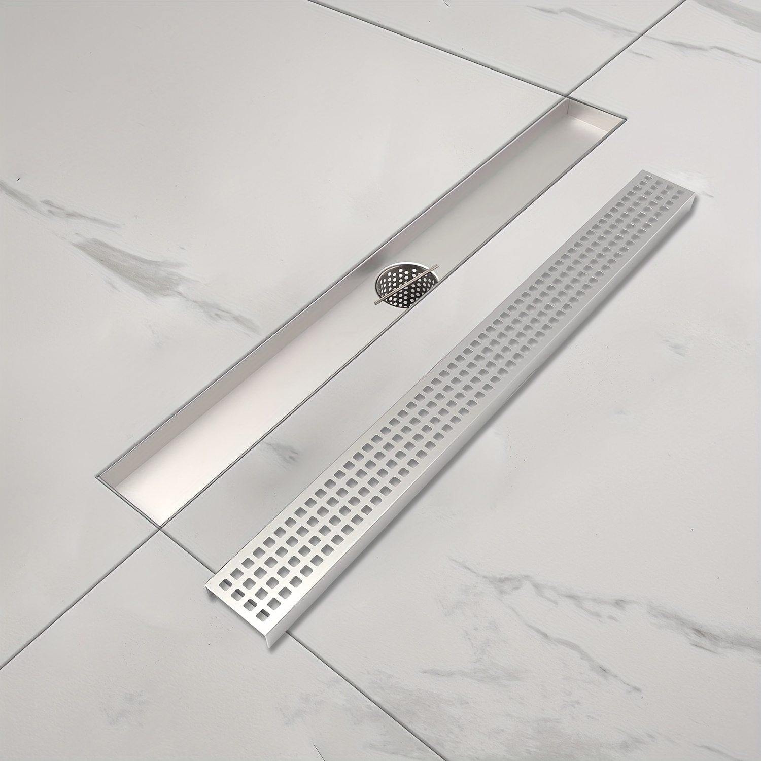 

Shower Drain 24-inch, Stainless Steel Rectangle Shower Floor Drain With Removable Quadrato Pattern Grate, Shower Drain With Hair Strainer