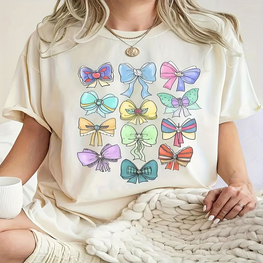 

Women's Casual Crew Neck T-shirt With Bow Drawing - 100% Polyester Knit Fabric, Short Sleeve For Spring/summer