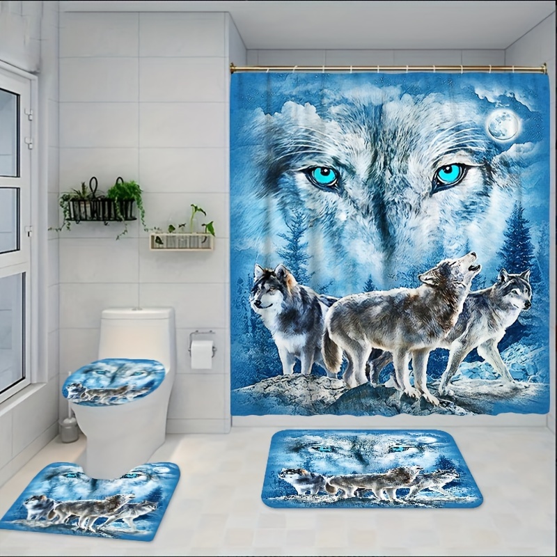 

1pc/3pcs/4pcs Blue 3 Wolves Bathroom Set With Shower Curtain Three-piece Set Four-piece Set