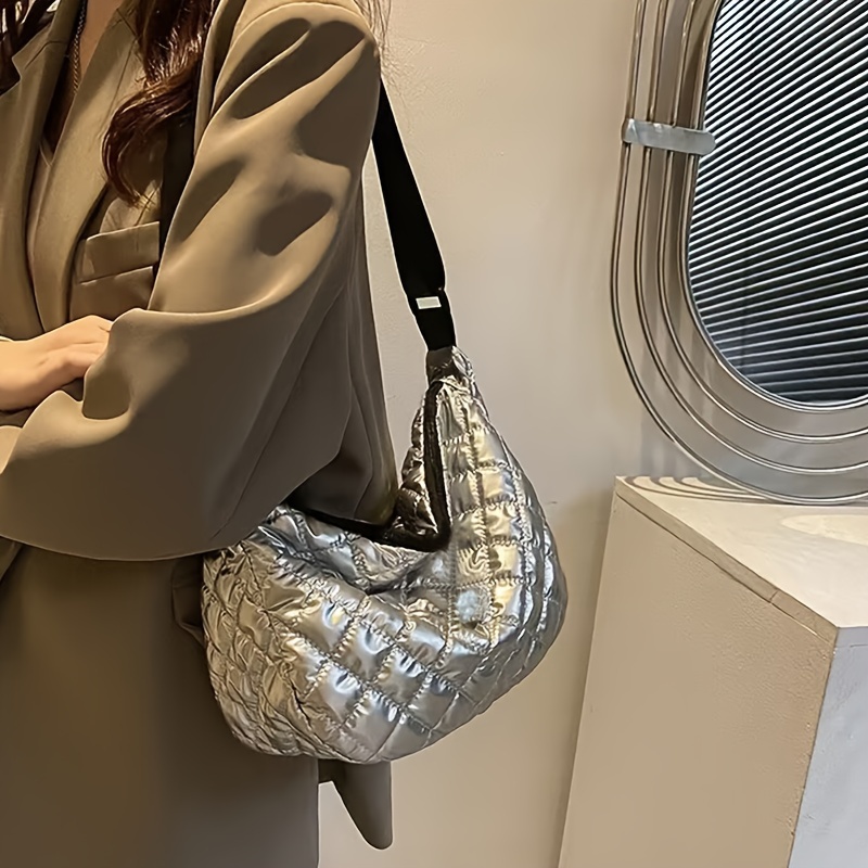 

Chic Silvery Quilted Crossbody Bag For Women - Spacious & Lightweight With Adjustable Strap, Everyday , Texture, Ring-lattice Dumpling Bag, Large Capacity, Crossbody Bag