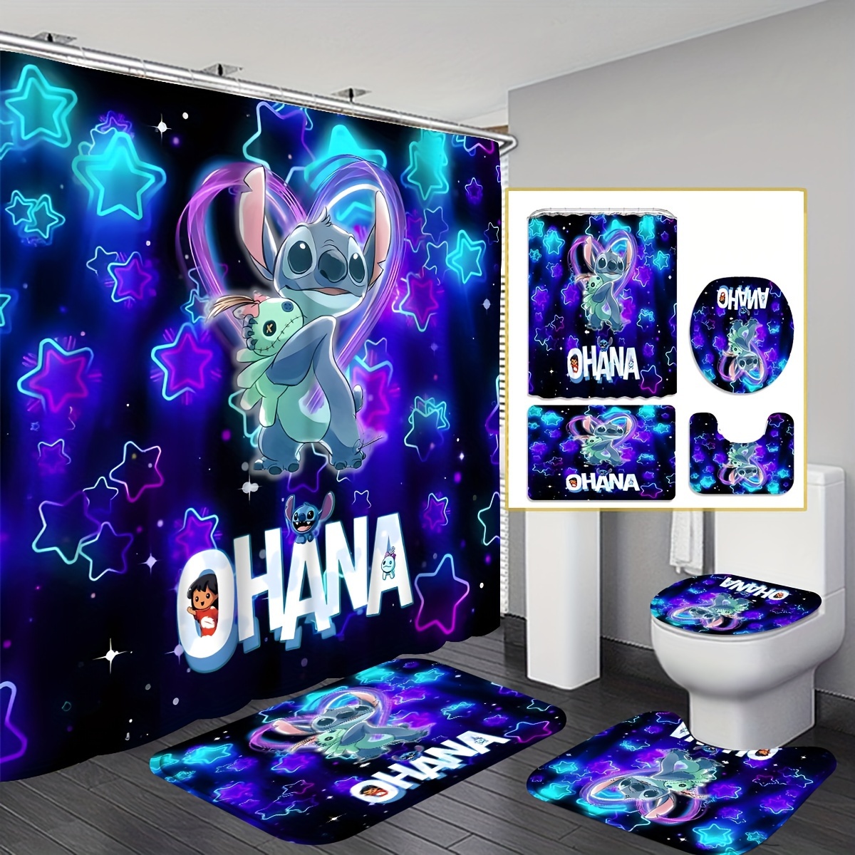 

1/4pcs Stitch Ohana Pattern Shower Curtain Set With Hooks, Waterproof Shower Curtain, Toilet Cover Mat, Non-slip Bathroom Rug, Water Absorbent Bath Mat, Bathroom Accessories, Home Decor