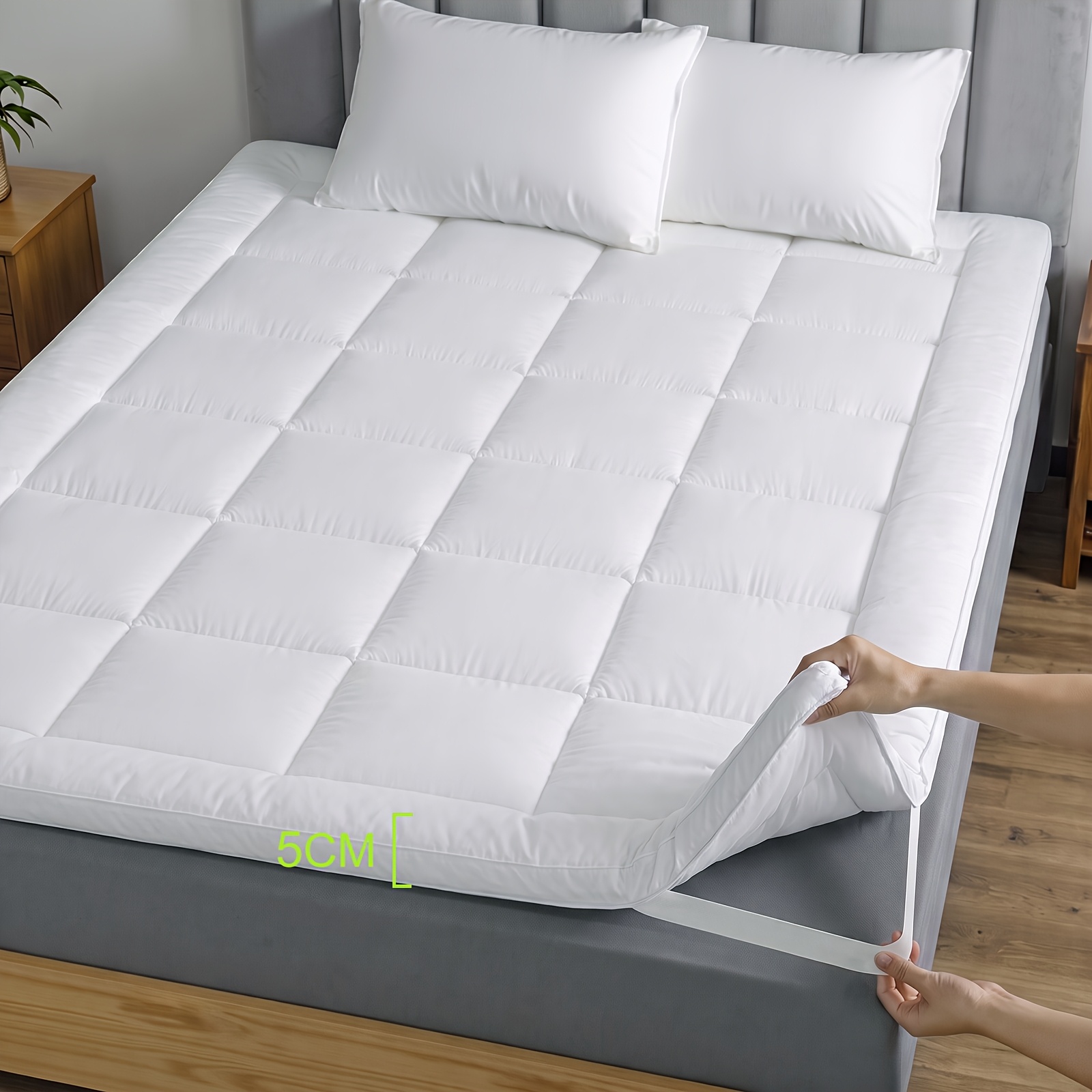 TEMU Mr. Tree Mattress Topper Made From Durable Microfiber, Featuring A Soft And Breathable Texture, Washable With Elastic Straps, Providing For The