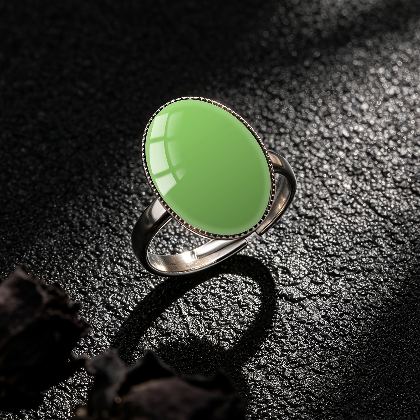 Women's Oval Jade Green Pattern Stainless Steel Open Ring
