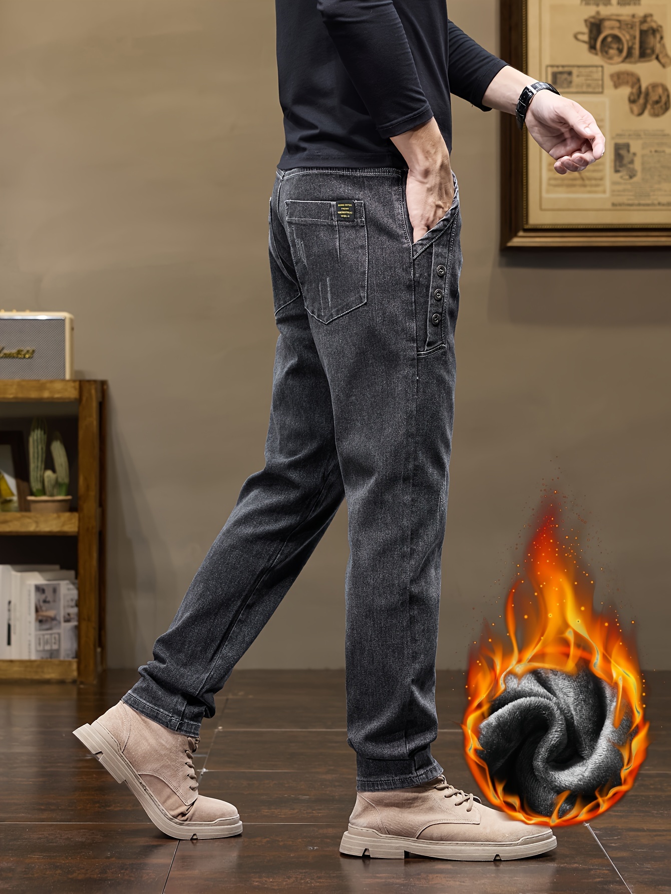 men's warm fleece lined jeans denim multi Temu Poland