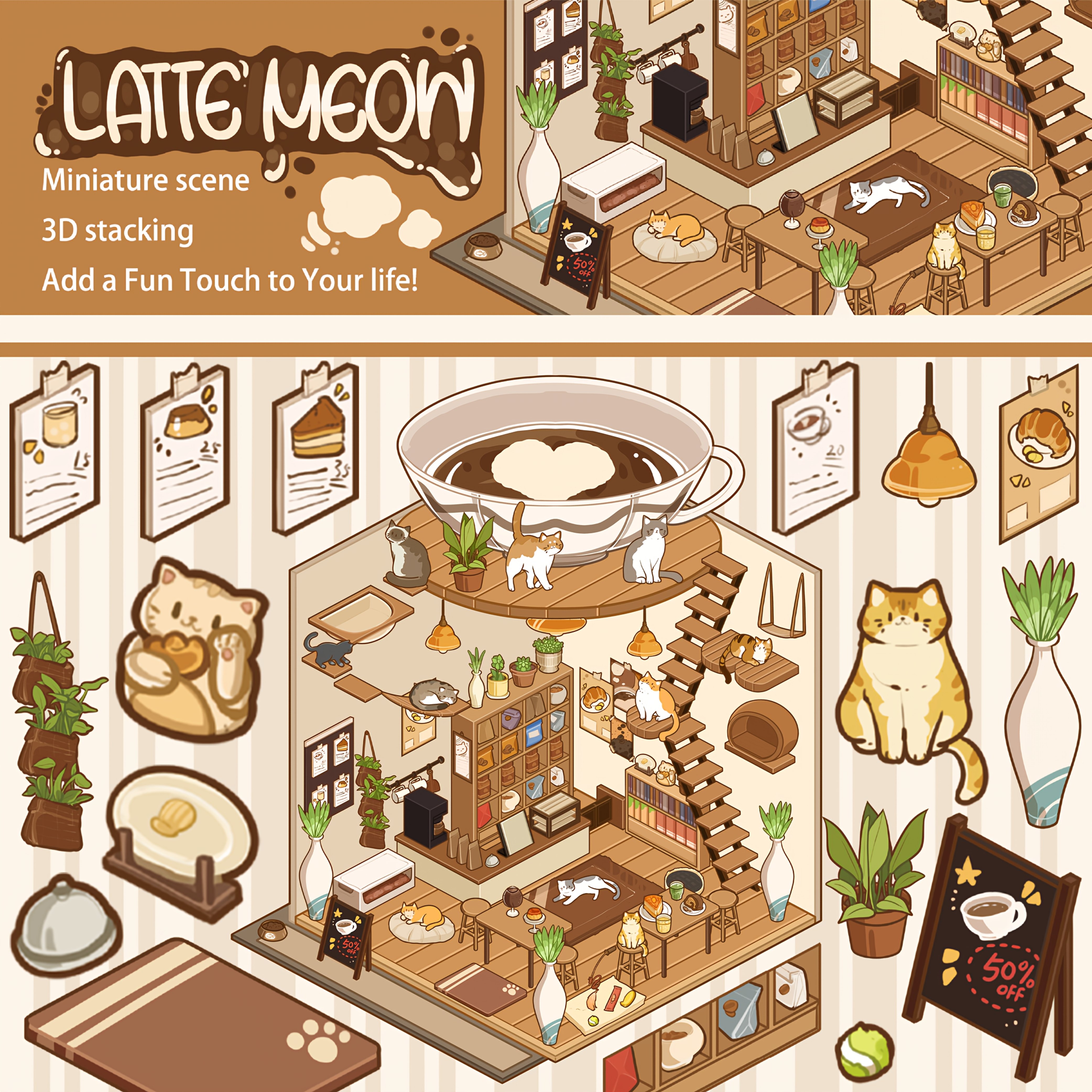 escena de stickers gatito latte