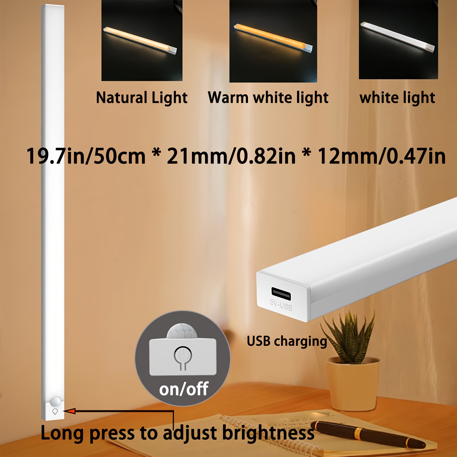 E-shop USB Wiederaufladbare LED Bewegungsmelderleuchte, Körperbewegungssensor mit dreifarbiger Beleuchtung und Helligkeitsanpassung, Akku mit großer