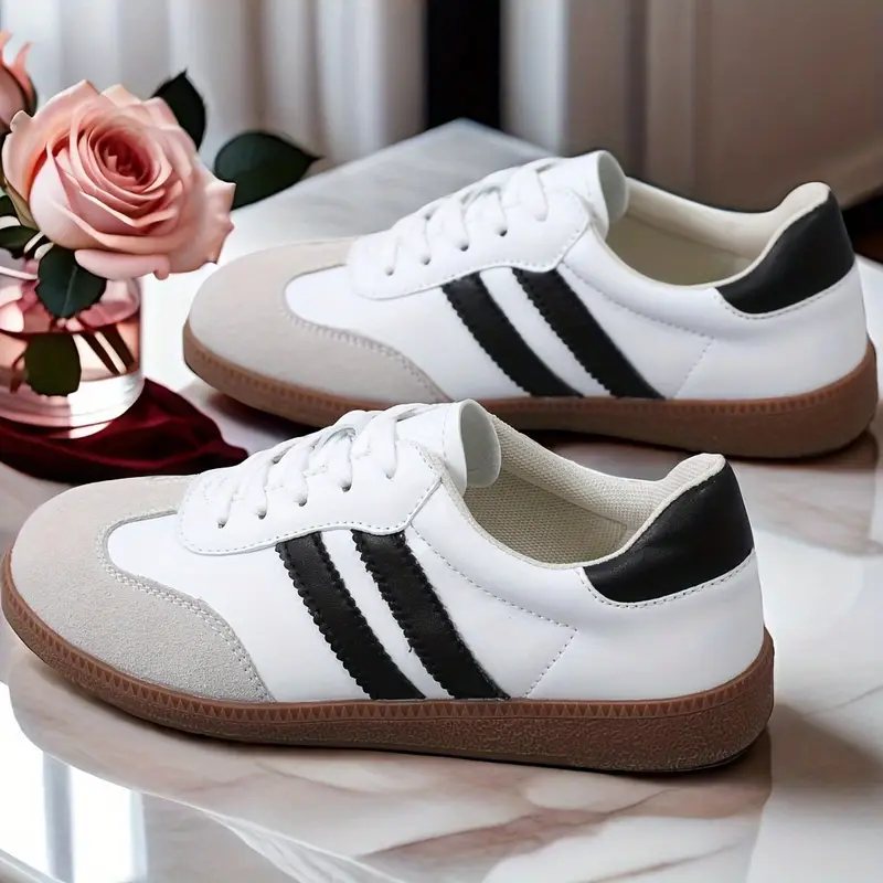 womens striped pattern flat sneakers casual lace up outdoor shoes comfortable low details 1