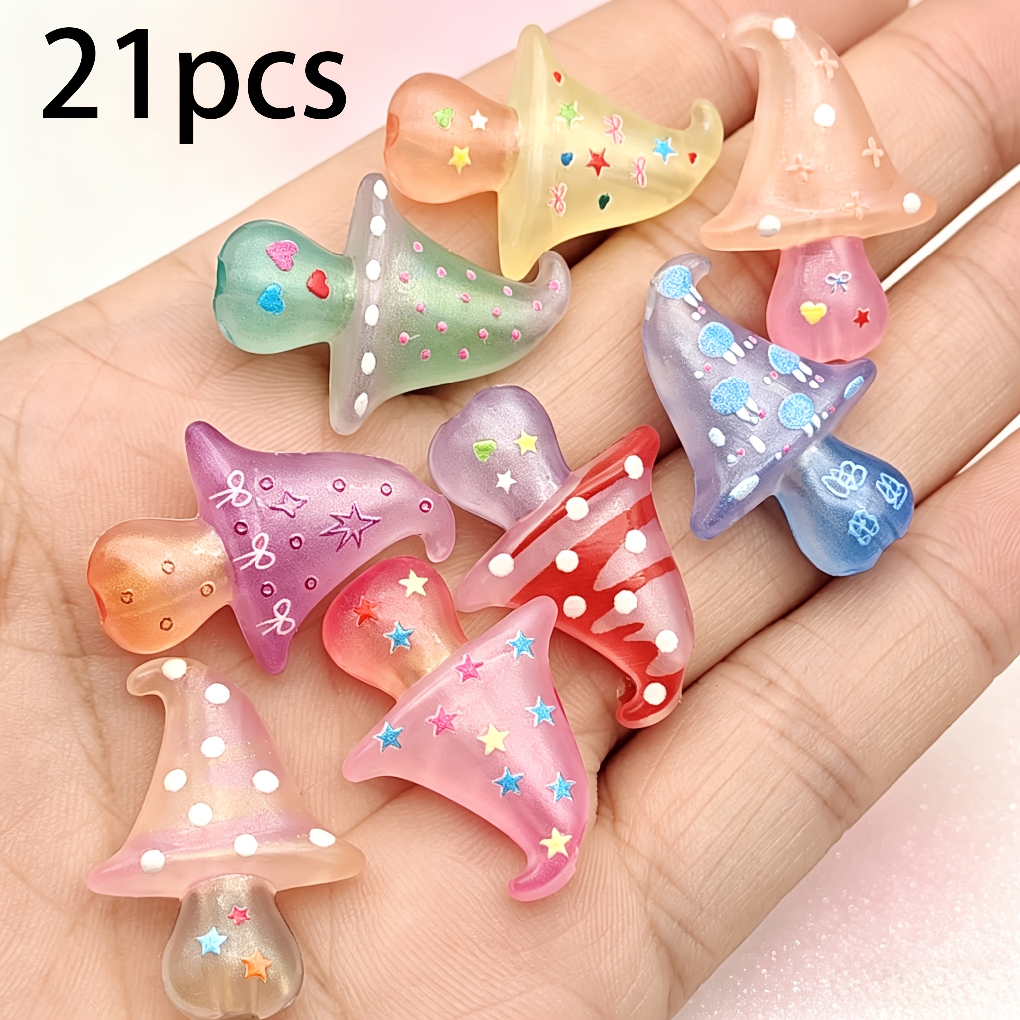 Image of 21pcs 21pcs Frosted Transparent Wizard Hat & Mushroom Beads With Painted Capsules Suitable For Diy Making, Bracelet Charms, Phone Accessories, - Compatible For Bead Stringing Crafts