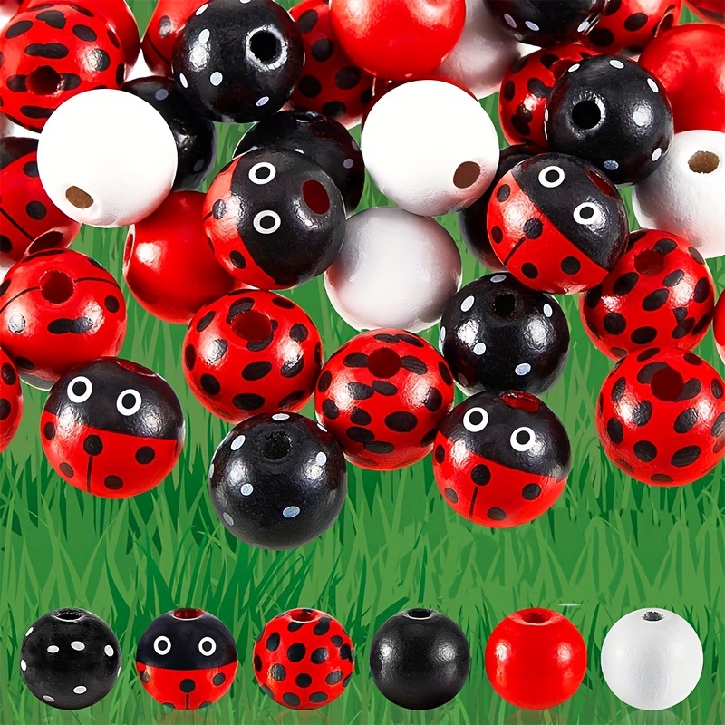

60pcs Ladybug Insect Series Wooden Beads, Spring Summer Farmhouse Crafts Beaded Pen Decors, Key Bag Phone Chain Pendant, Diy Bracelet Jewelry Making Supplies