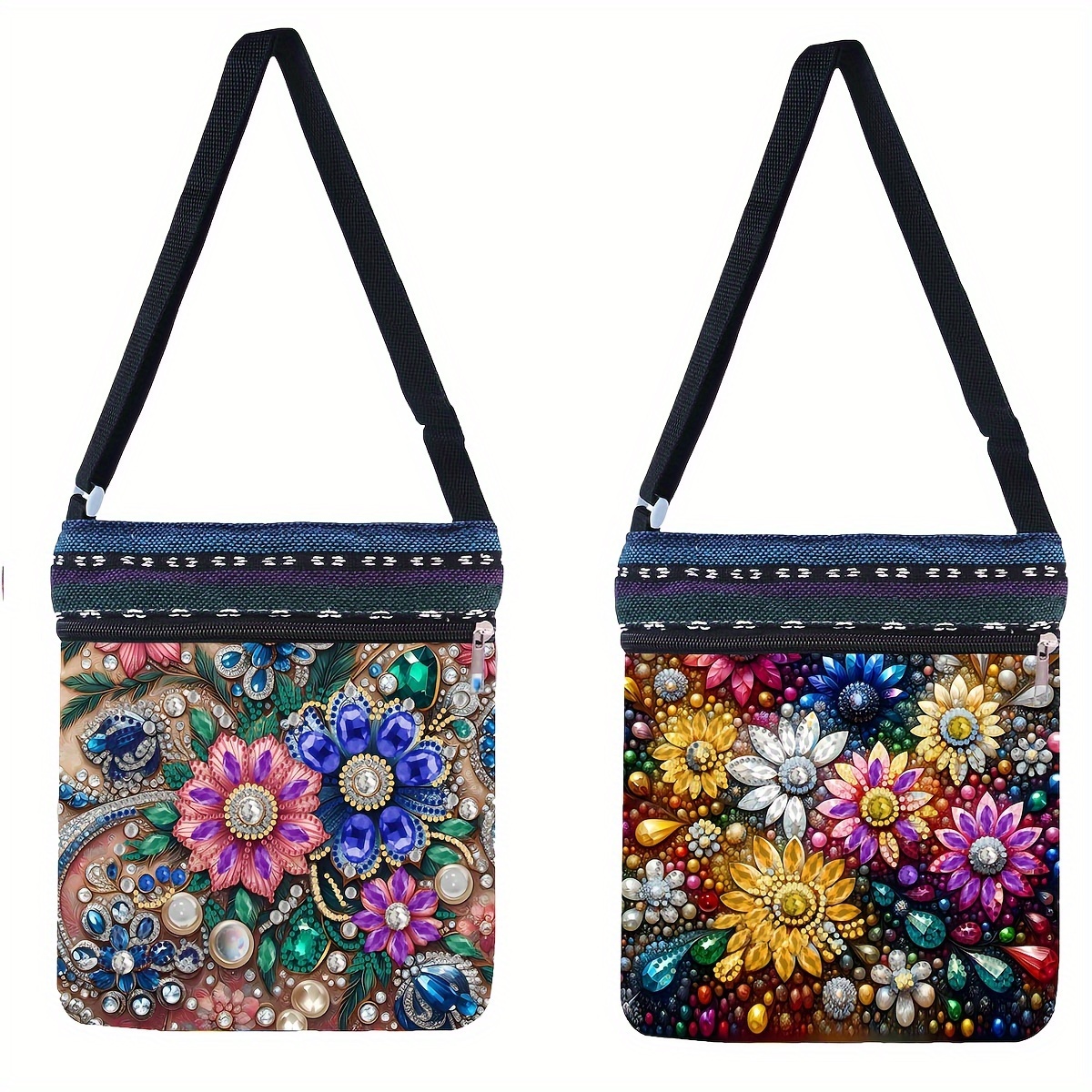 

2-pack Floral 5d Diy Diamond Painting Crossbody Bags, Round Canvas Material, Large Capacity, Portable For Daily & Travel Storage