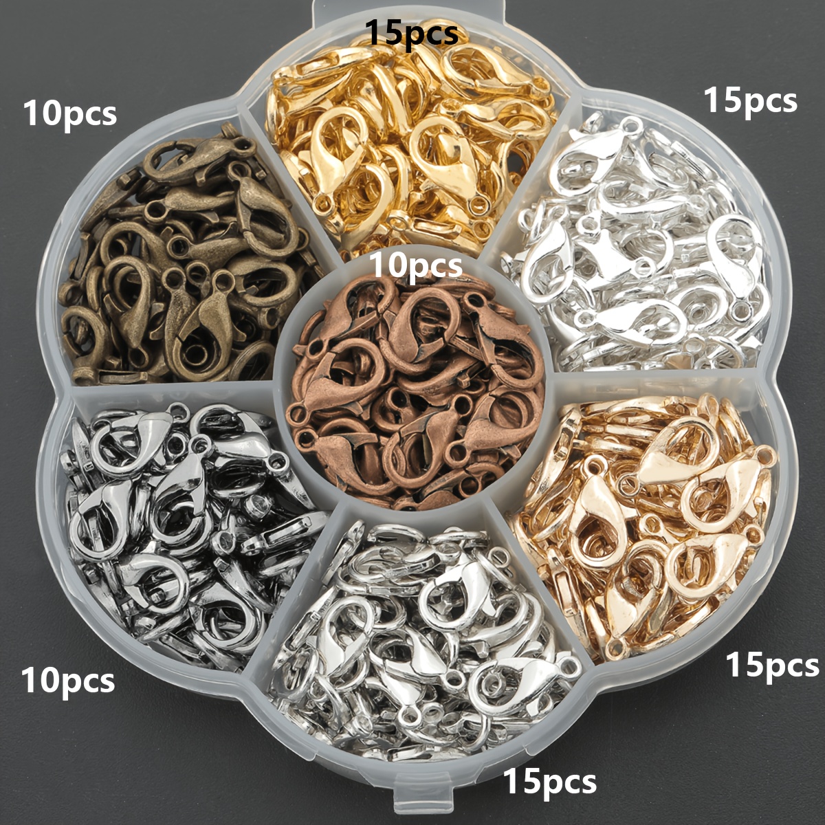 TEMU 90 pièces/boîte Accessoires de fermoir pour bijoux à faire soi-même, fermoirs mousquetons en alliage de dans une boîte de rangement à motif de