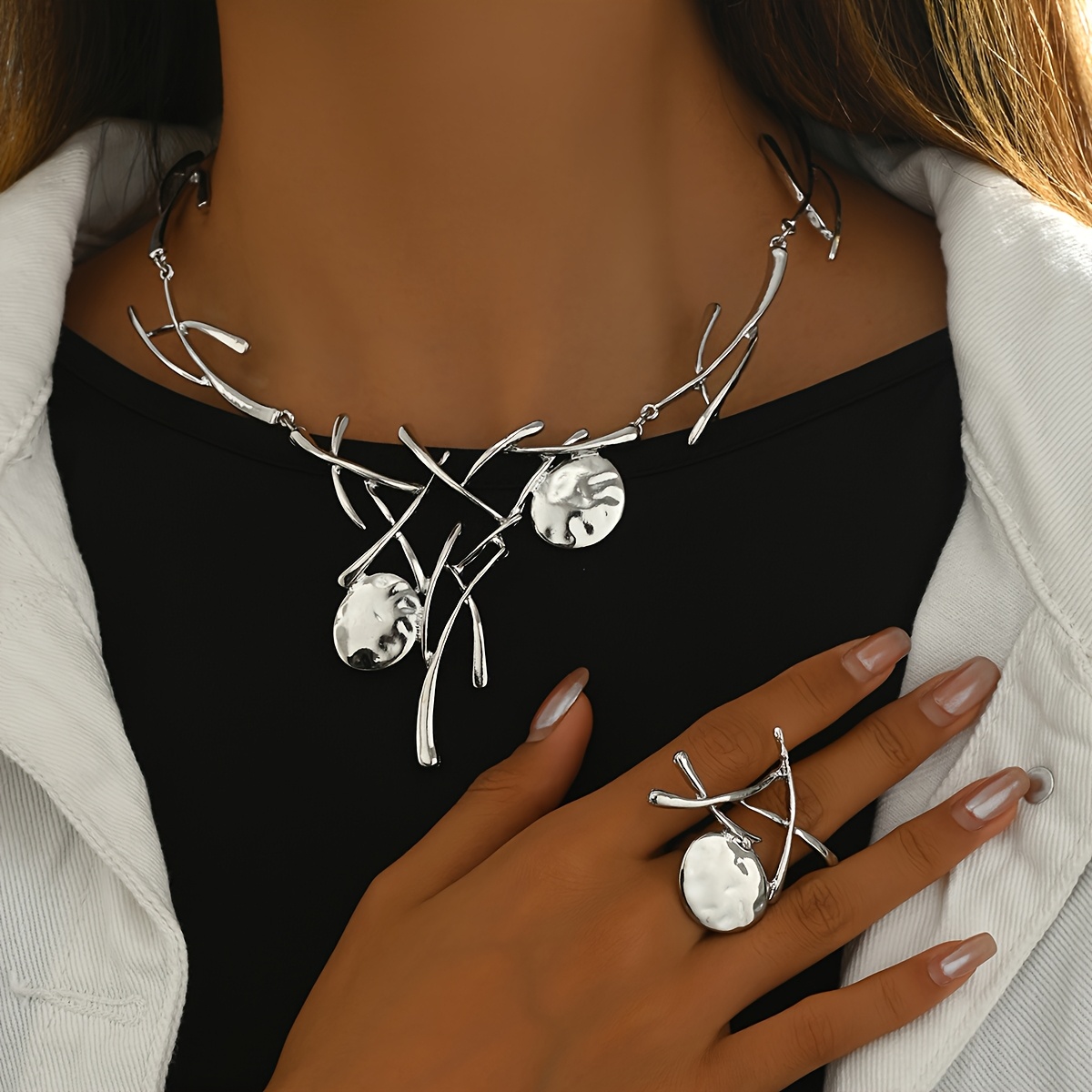 Stylish Forked Branch Pendant Necklace and Ring Set for Women