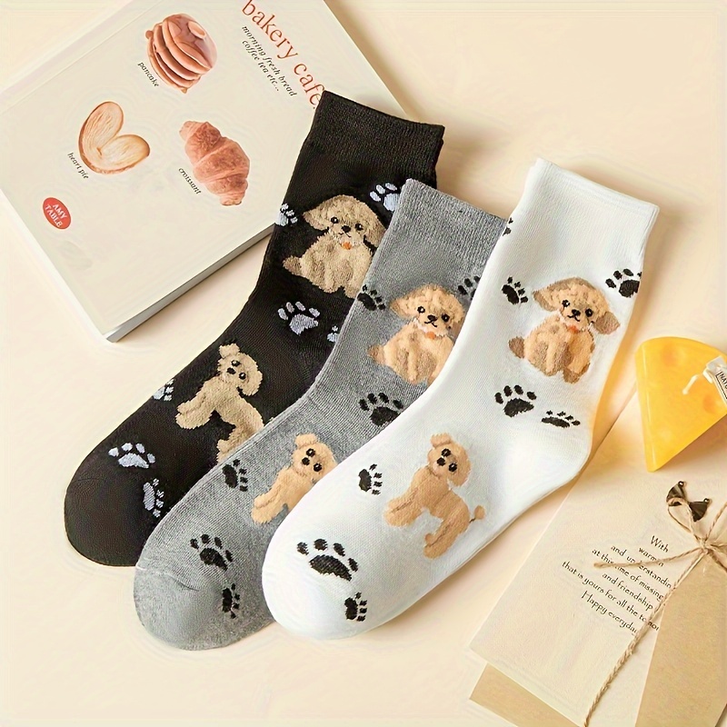 

3pairs Autumn/winter Cartoon Puppy Footprint Trendy Women's Mid-calf Socks College Style Outdoor Personality Women's Socks