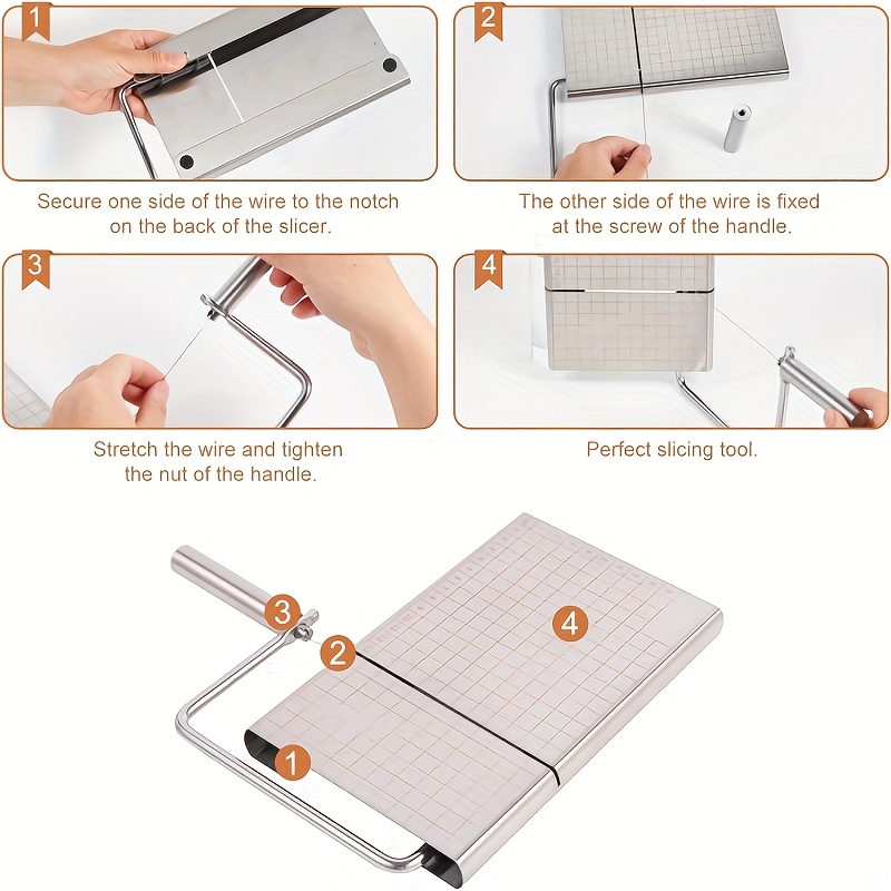Stainless Steel Cheese Slicer Set Including a Cutting Board And Five Replacement Wires for Cutting Block Cheese.