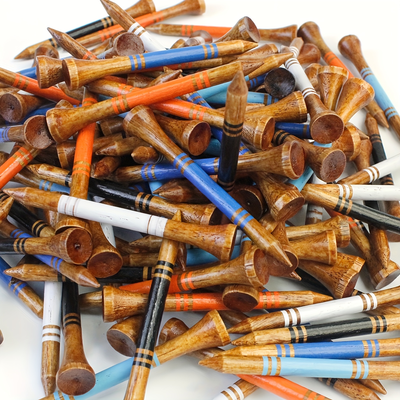 Image of Set Of 50 Golf Tees In Sizes, Including 2-1/8, 2-3/4, And 3-1/4 Inches - Made From Sturdy Wood And Bamboo, Featuring Vibrant Striped Designs - Suitable For Long And Short Golfing Needs