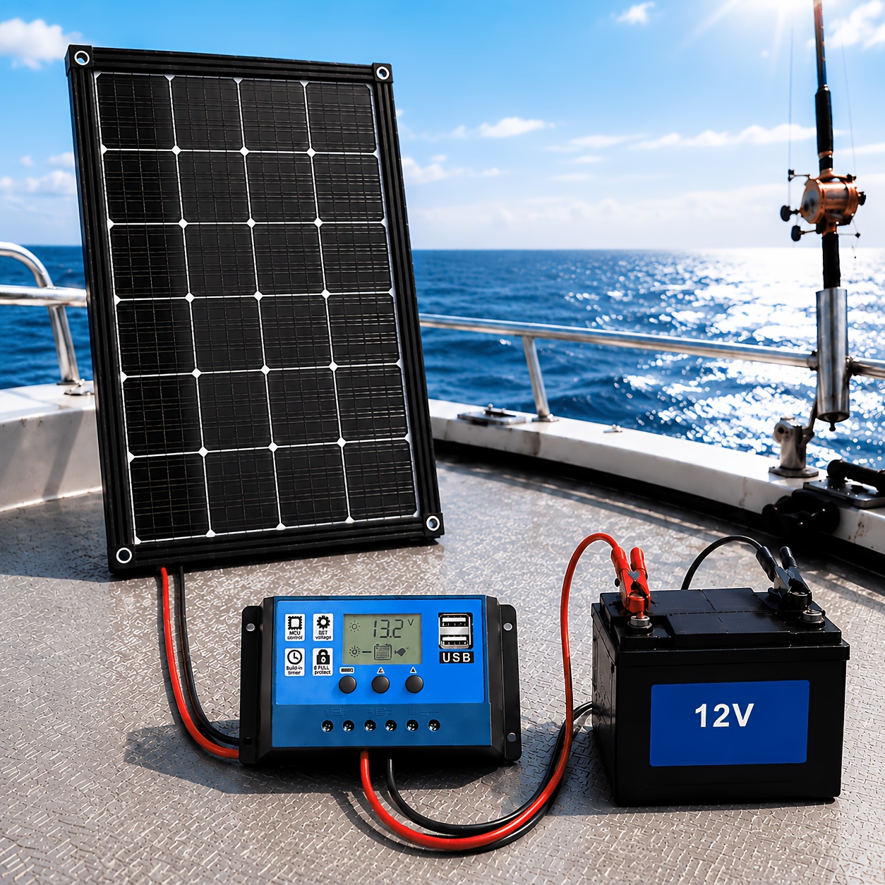 TEMU Monocrystalline Solar Panel Kit With Charge Controller, Extension Cable & Battery Clips For 12v Battery, Rv, Boat & Off-grid Use