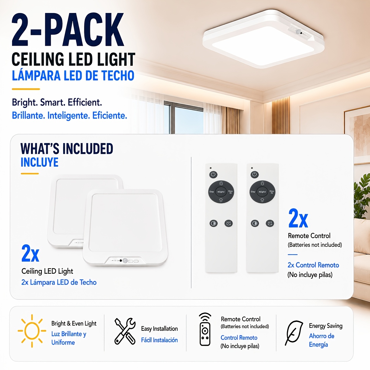 TEMU Lámpara de techo inalámbrica recargable con sensor de movimiento, luz LED de montaje empotrado con control remoto, ajustable, temporizador, luz