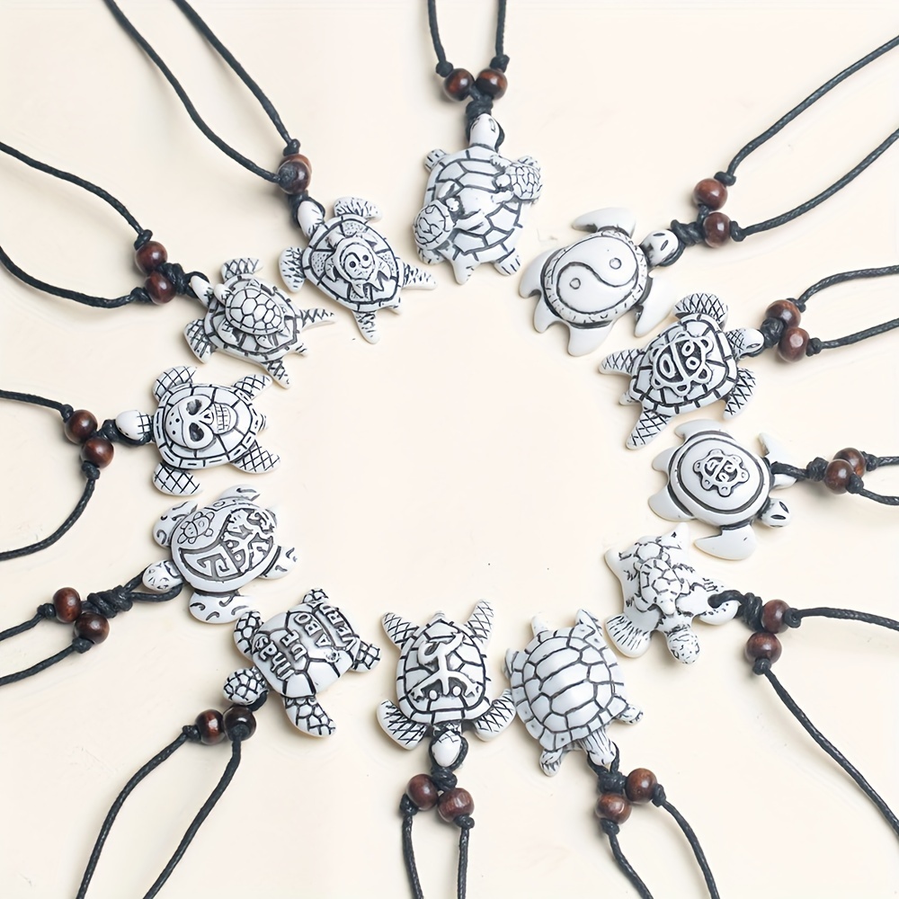 12pcs Vintage Adjustable Resin Turtle Pendant Necklaces