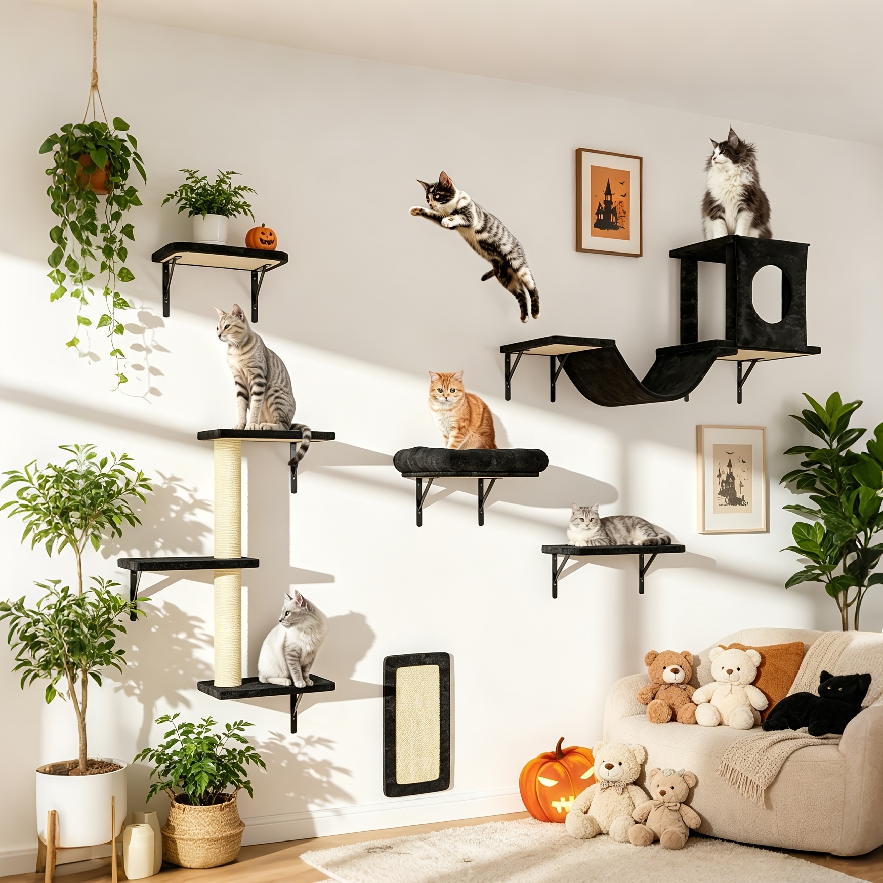 TEMU 7pcs Wall For Cat Shelf, 6pcs Deluxe Wall Mounted For Cat Climbing Shelf Set, Indoor For Cat Furniture, Includes For Cat Condo, For Cat Wall