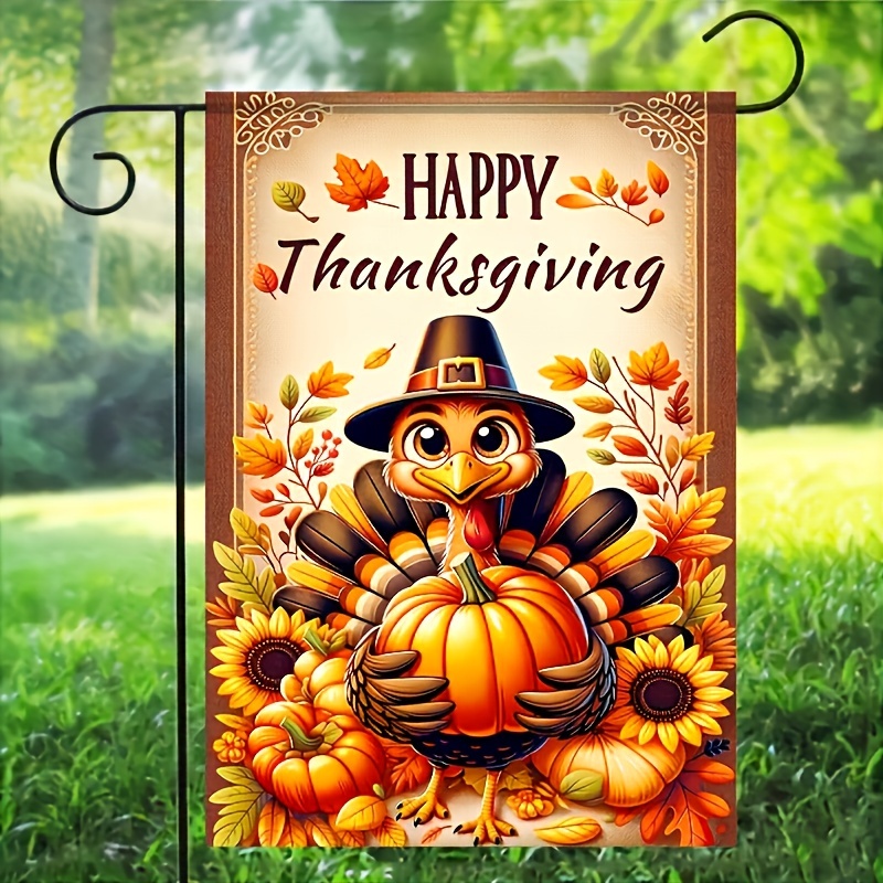 

1pc Happy Thanksgiving Garden Flag - Double-sided Cute Turkey With Pumpkins Design, Polyester, Outdoor & Indoor Decoration, No Electricity Needed (flagpole Not Included)