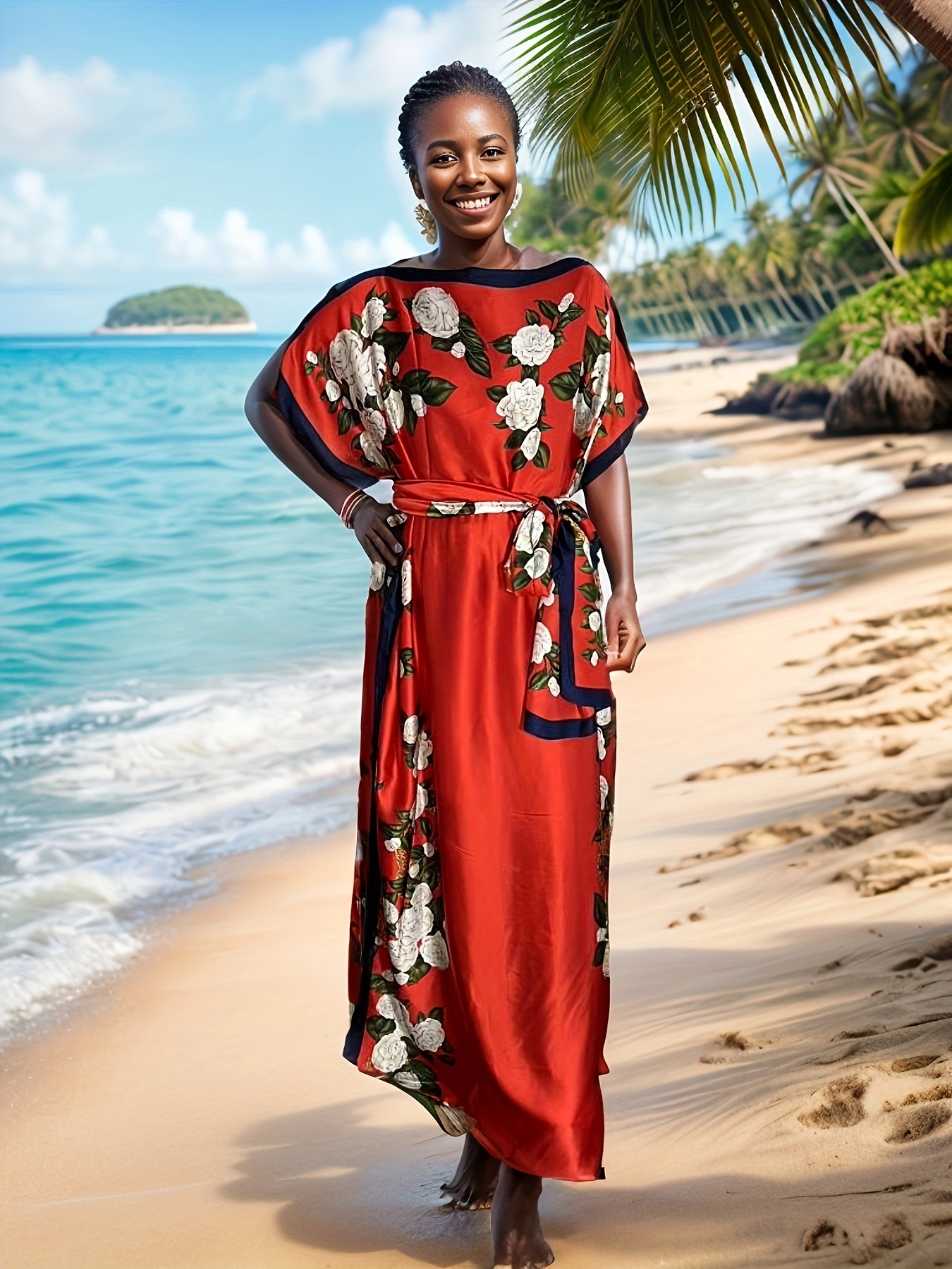 plus size coconut tree embroidered kaftan dress elegant open