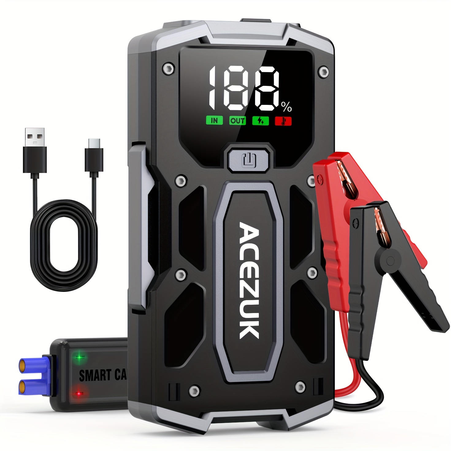 

Acezuk Car Jump Starter, 3000a 12v 8-in-1 Pack, Up To 7.0l Gas & 5.5l Engines Quick Charge 3.0 Power Bank Jumper Cable With Led, Large Screen