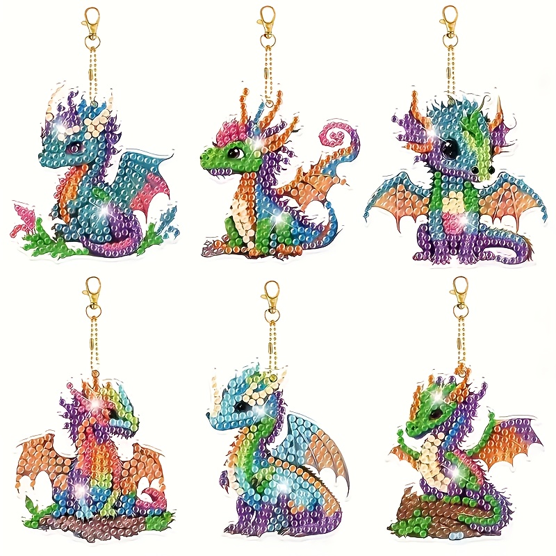 Image of 6pcs Diy Diamond Painting Keychain Kit With Irregular Shaped Acrylic Beads - Mythical Dragon Design, Handcraft Set For Party Favors And Backpack Accessories