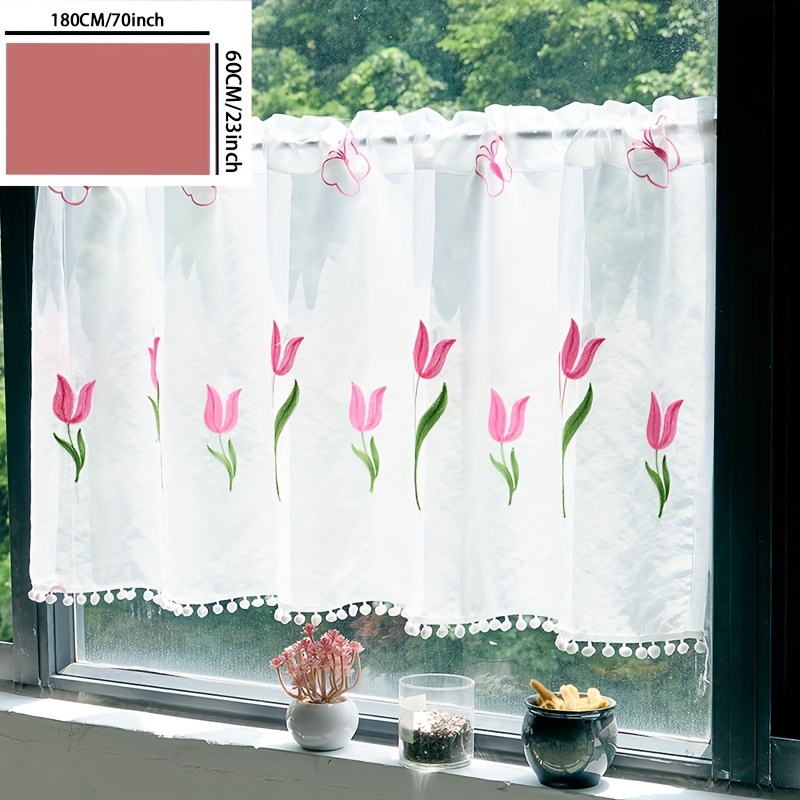 TEMU 1pc Classic Pink Tulip Embroidered Sheer Curtain, Uv-resistant Polyester Rod Pocket Window Drapes For Living Room And Kitchen, Hand Wash Only,