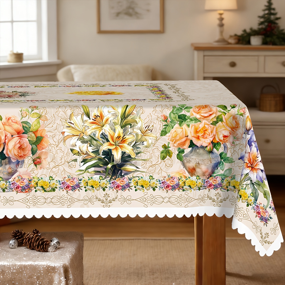 TEMU 1pc Spring/summer Themed Tablecloth, Durable Polyester Fabric, Watercolor Floral Roses And Lilies Tablecloth, Suitable For Daily Home Kitchen,
