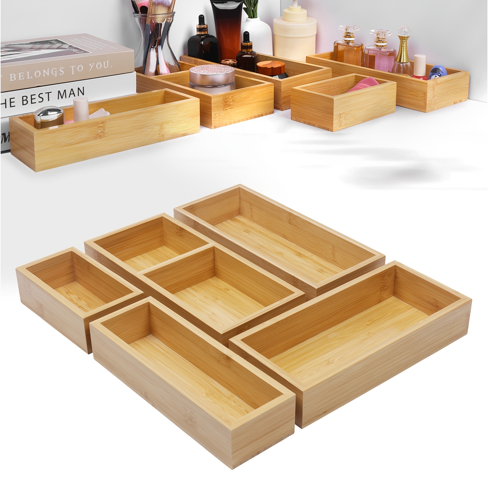 

Bamboo Drawer Organizer Set - 5 Sizes, Smooth Storage Boxes For Makeup, Office Supplies & More - Kitchen, Bathroom, Bedroom & Living Room, Baskets, Bins & Containers For Home Organization