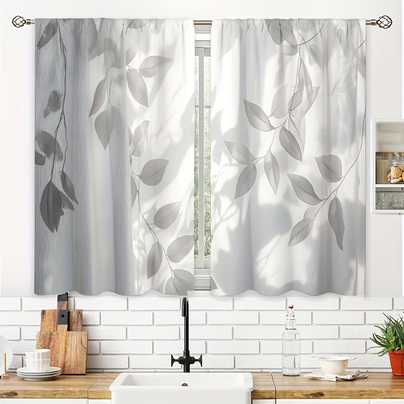 TEMU 2pcs White And Gray Leaf-patterned Curtain Kitchen Printed Curtains Small Short Cafe Curtain Rod Pocket Bathroom Curtain Treatments Tiers Room