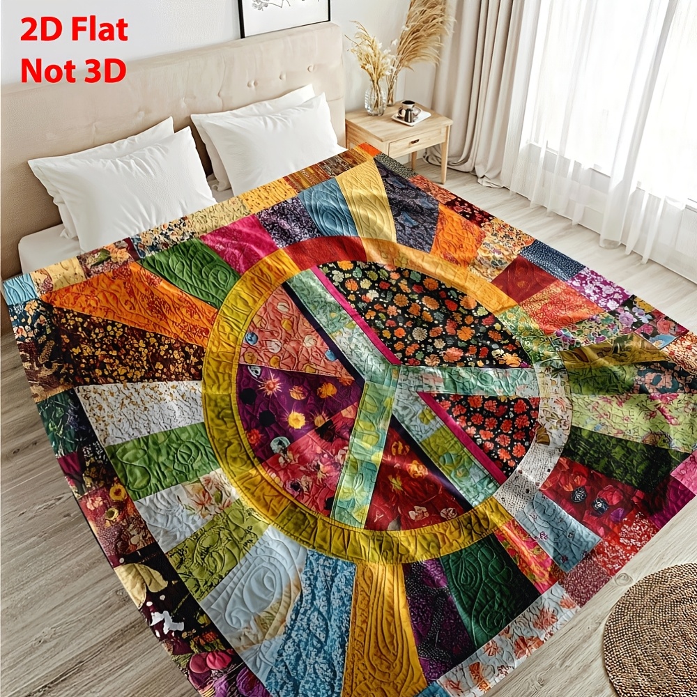 TEMU 2d Flat Printing, 1pc Flannel Blanket, Colorful Peace Sign Blanket, Suitable For Travel, Camping, Living Room, Office, Washable