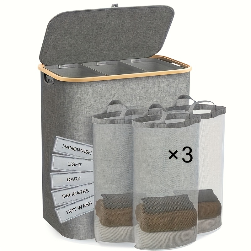 TEMU 170l Double-layer Laundry Basket With Lid, Includes 3 Laundry Bags, Large Capacity Laundry Hamper With Cover, Dirty Clothes Basket, Removable