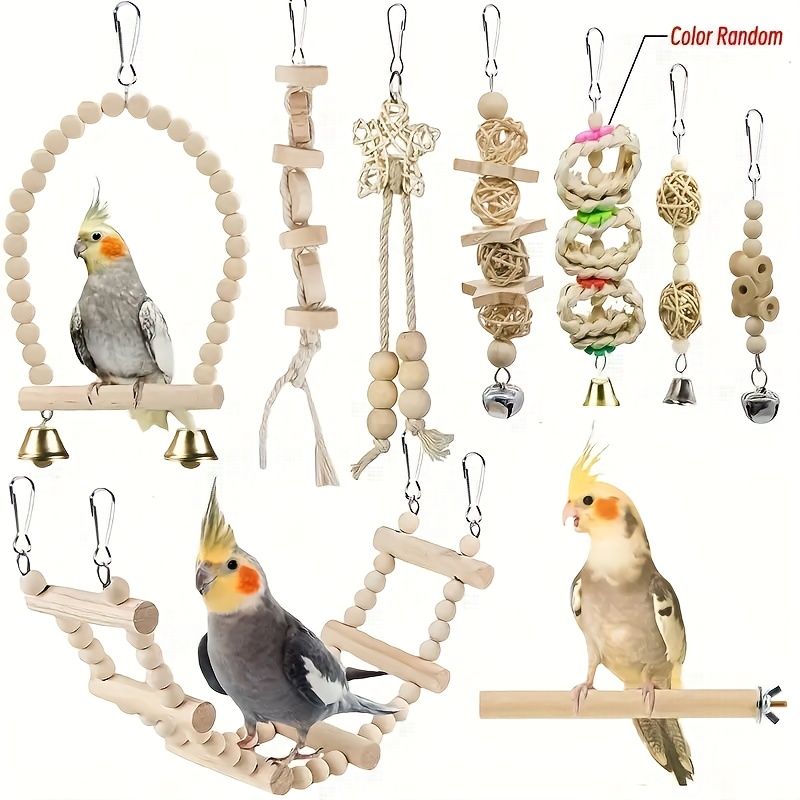 9pcs parrot chew toy set natural wood birdcage accessory set with ladder and swing bird puzzle toys safe and high quality bird toys essential parrot kit random colors