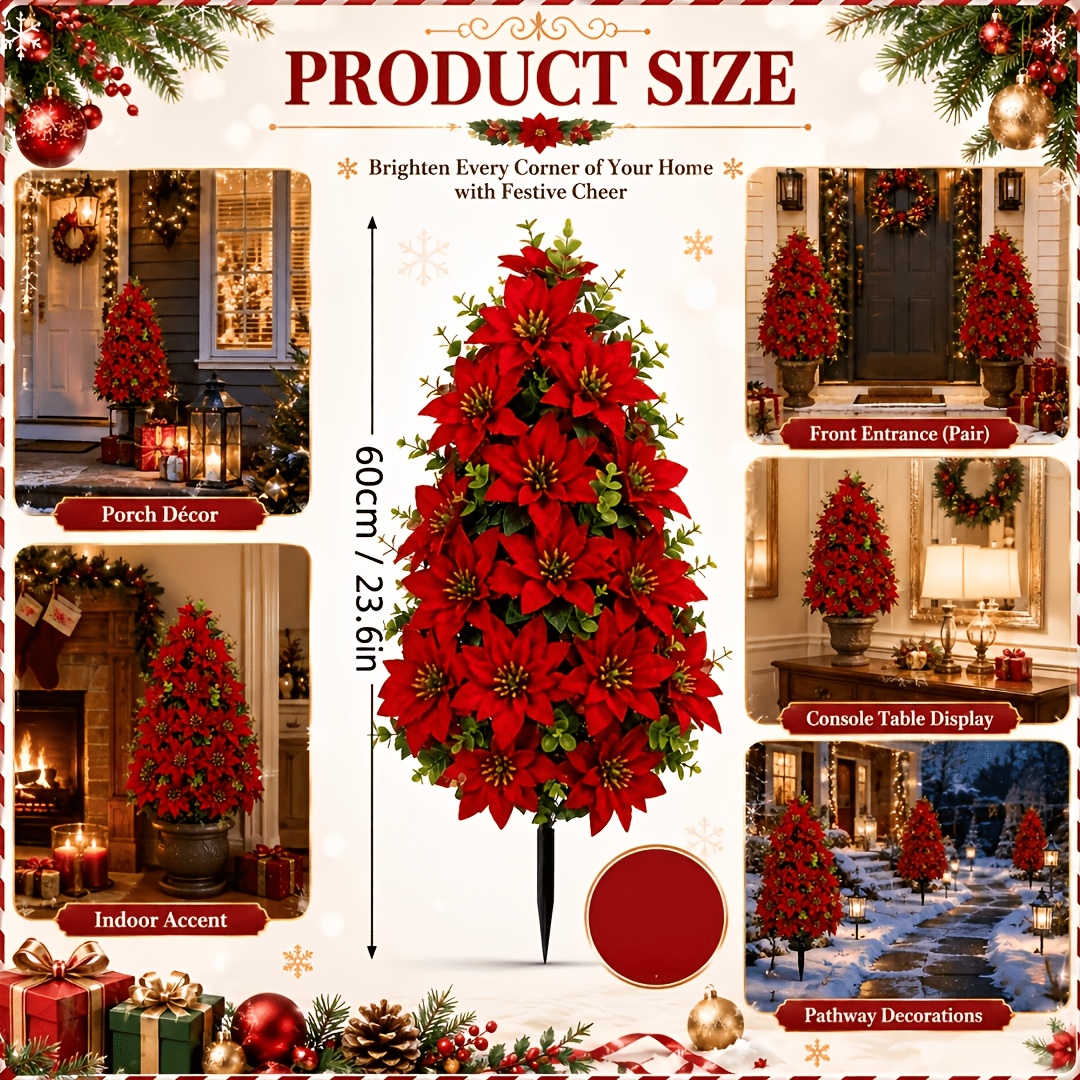 TEMU 1pc Christmas Artificial Poinsettia Flower, Floral Decoration For Outdoor Courtyard, Garden, Lawn, Porch, Potted Flower Arrangement, Christmas