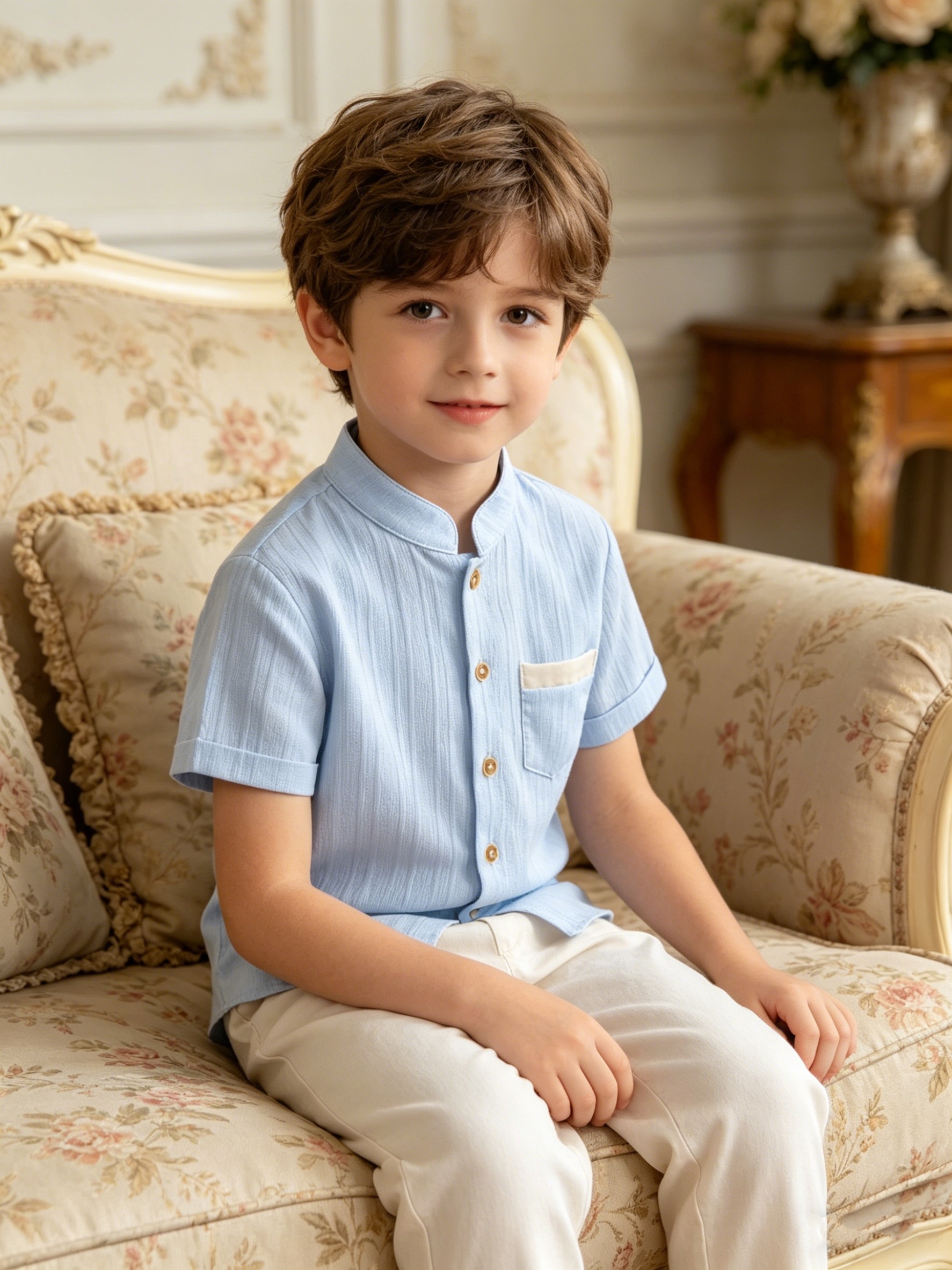 boys 2pcs woven summer casual short sleeve shirt and long pants set suitable for spring summer ideal for outdoor wear