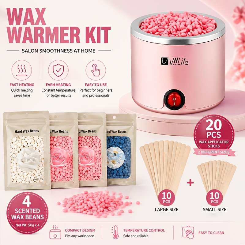 TEMU Hair Removal Wax Heater Set Brazilian Waxing Set (1 Heating Pan, 4 Packs Of 50g Hard Wax Beans For Hair Removal Waxing, 20 Waxing Sticks)