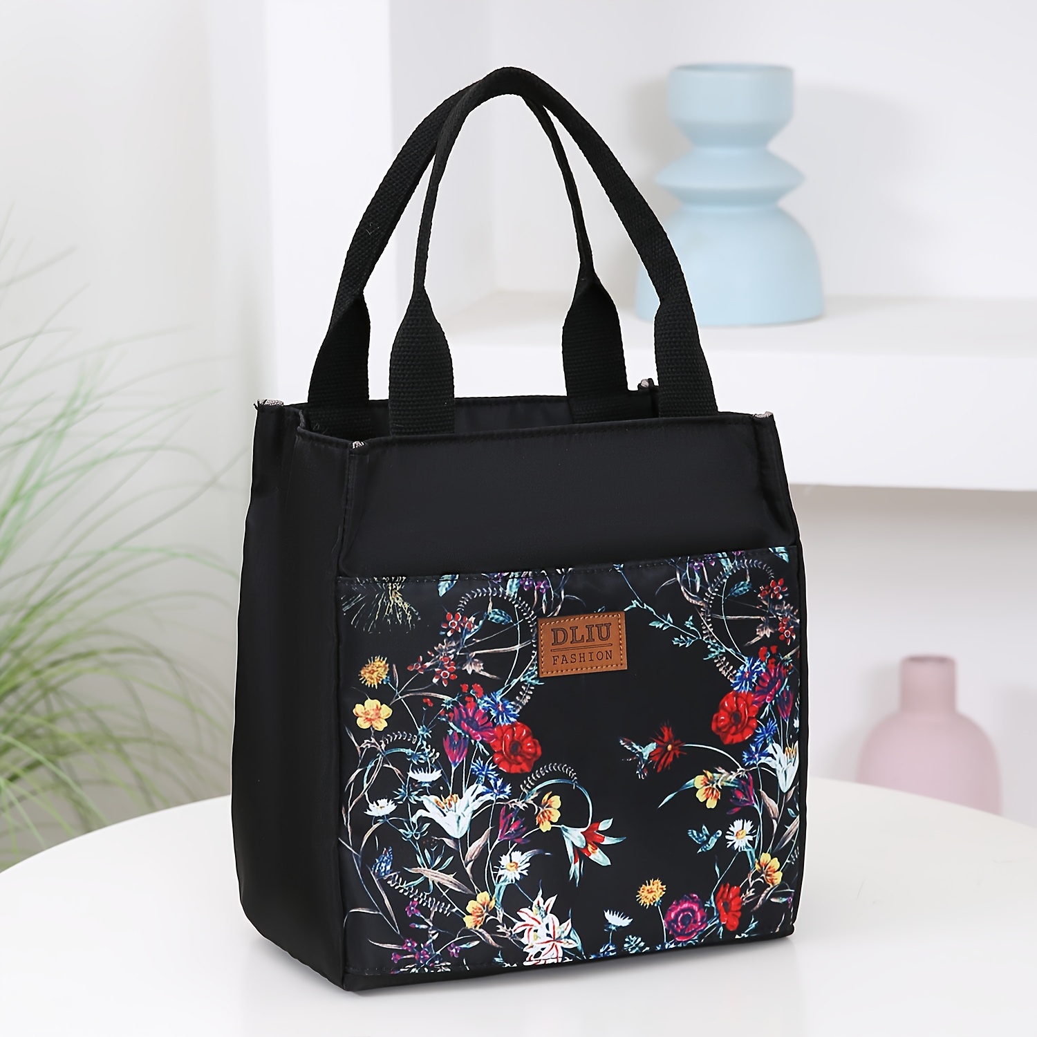 TEMU Chic Floral Nylon Tote Bag - Lightweight, Zippered Lunch & Mommy Essentials Organizer, Vintage Style, Hand Washable - Navy/black