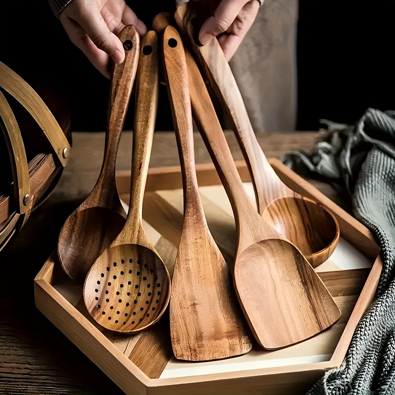E-shop 3/5-teiliges Holzbesteckset, Küchenholzschöpfelset, Holzkochlöffel, Sieb, Langer , Woklöffel, Küchenutensilien-Set