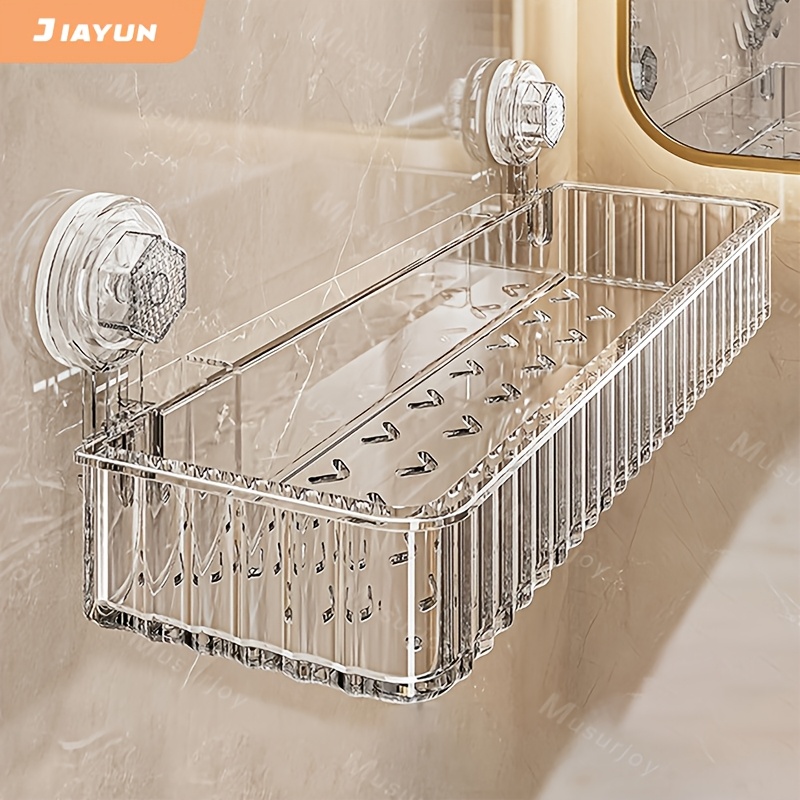   1pc space saving suction cup bathroom organizer no drilling required wavy decorative   sturdy square basket suitable for shower and toilet wall tile multifunctional storage organizer bathroom accessory shelf