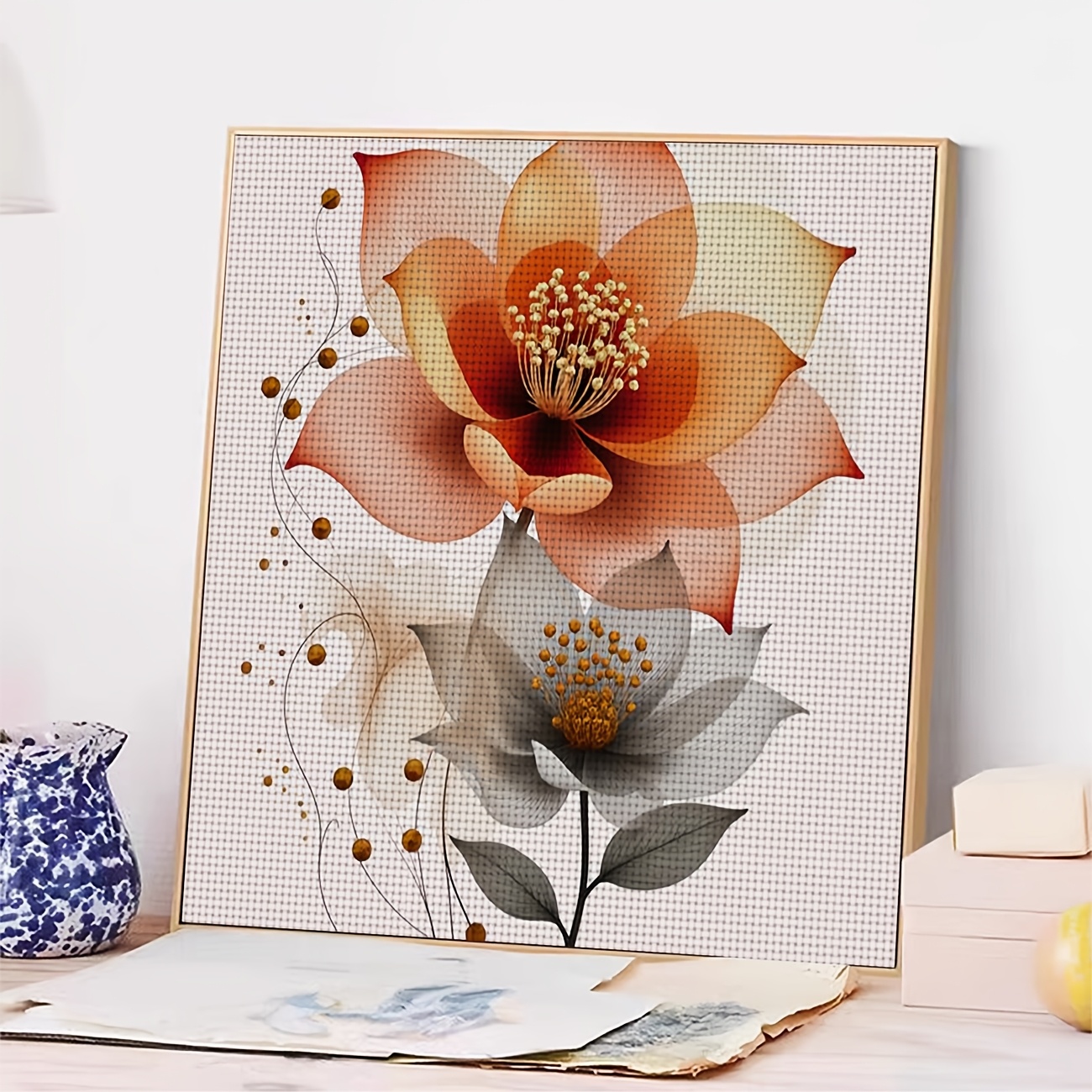 Cross-Stitch Printing Kit, Two Artistic Two-Color Flowers Pattern