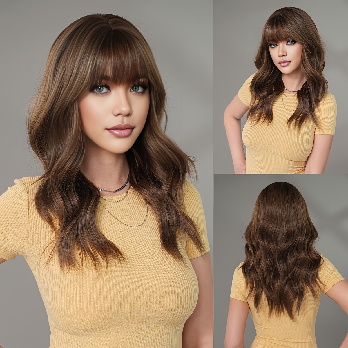 Long Wavy Brown Wig For Women - Heat Resistant Synthetic Hair With Bangs, 150% Density, Water Wave Style, Ideal For Daily Use & Cosplay Parties, Long Hair Wig