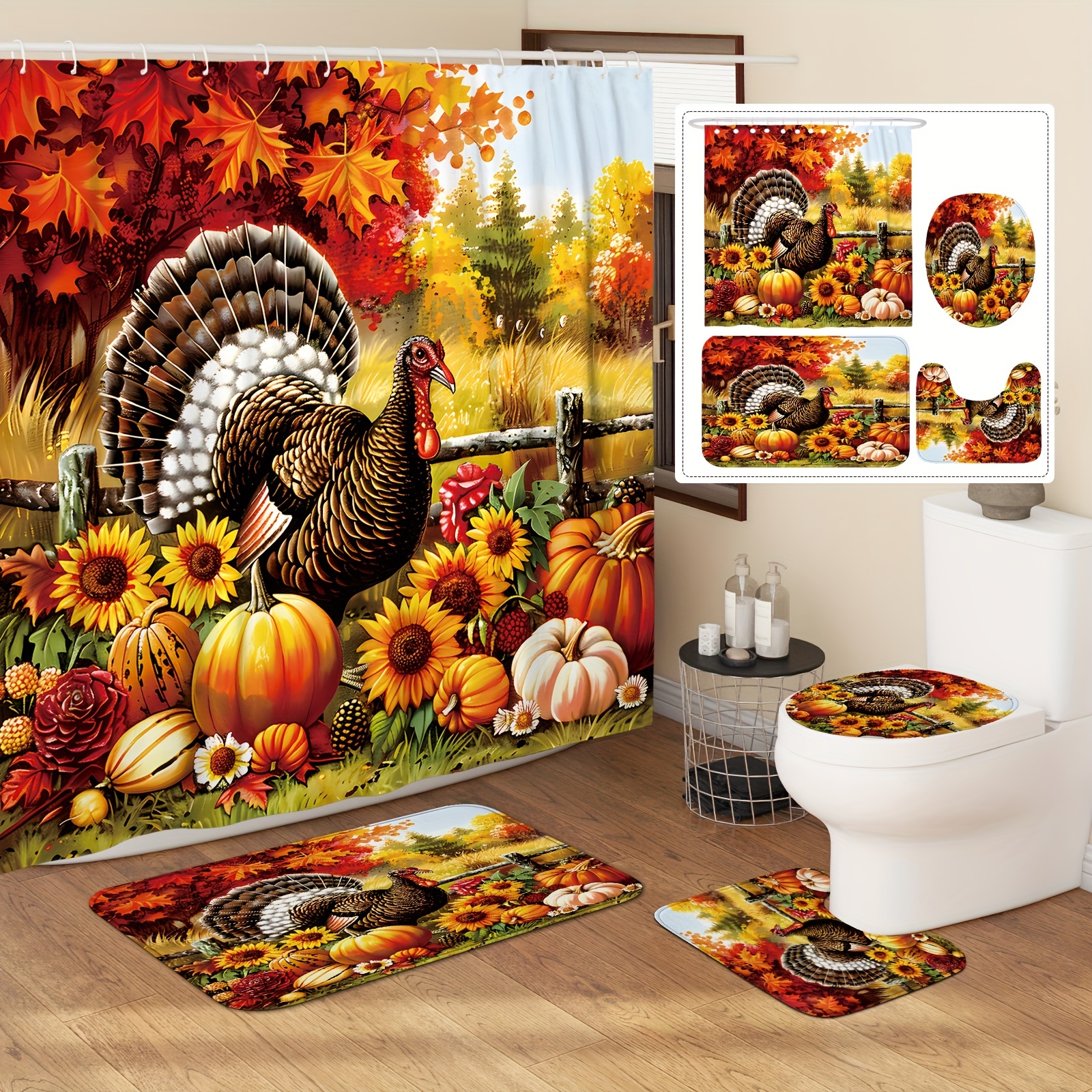 

Autumn Harvest Shower Curtain Set - Waterproof Polyester With Turkey & Pumpkin Design, Includes Non-slip Bath Mat, U-shaped Toilet Lid Cover, And 12 Hooks - Perfect Fall Bathroom Decor, 1pc/4pcs Set